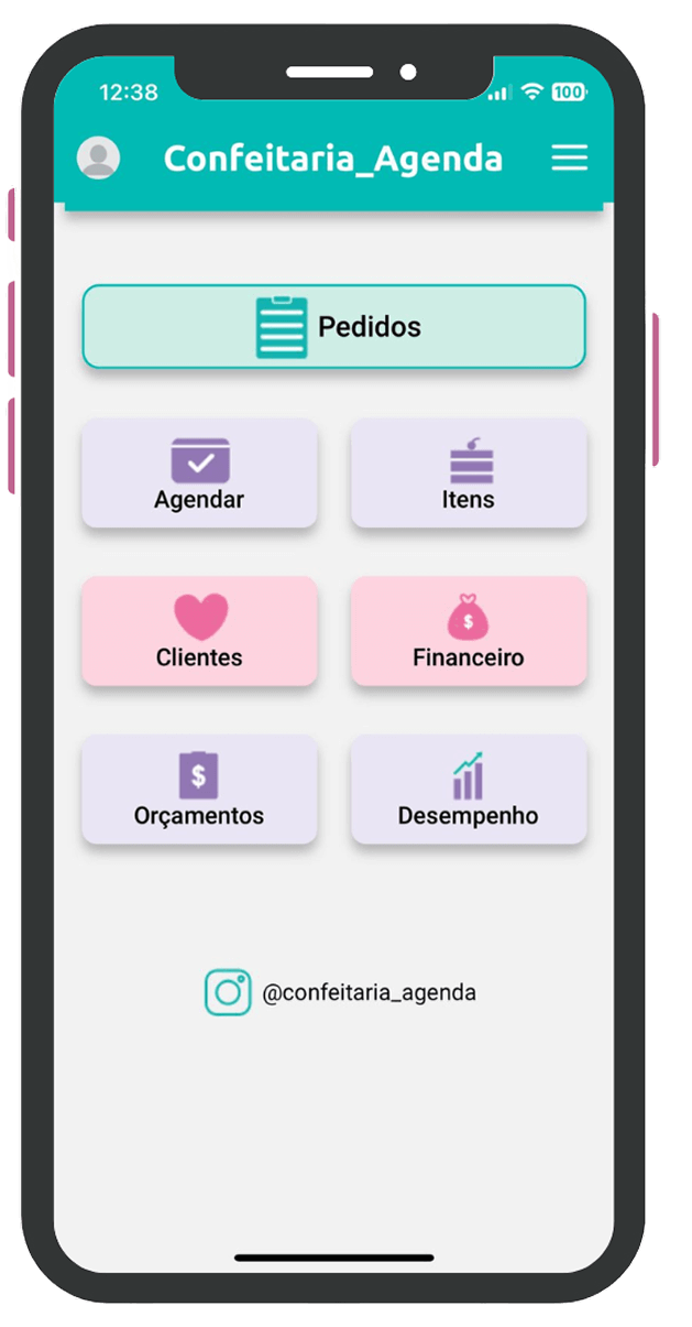 Tela inicial do Confeitaria Agenda - App para gestão completa de confeitarias com agendamento, orçamentos e controle financeiro Celular mostrando a tela inicial do aplicativo Confeitaria Agenda com funções: agendar pedidos, criar orçamentos, controle financeiro, cadastro de clientes e serviços