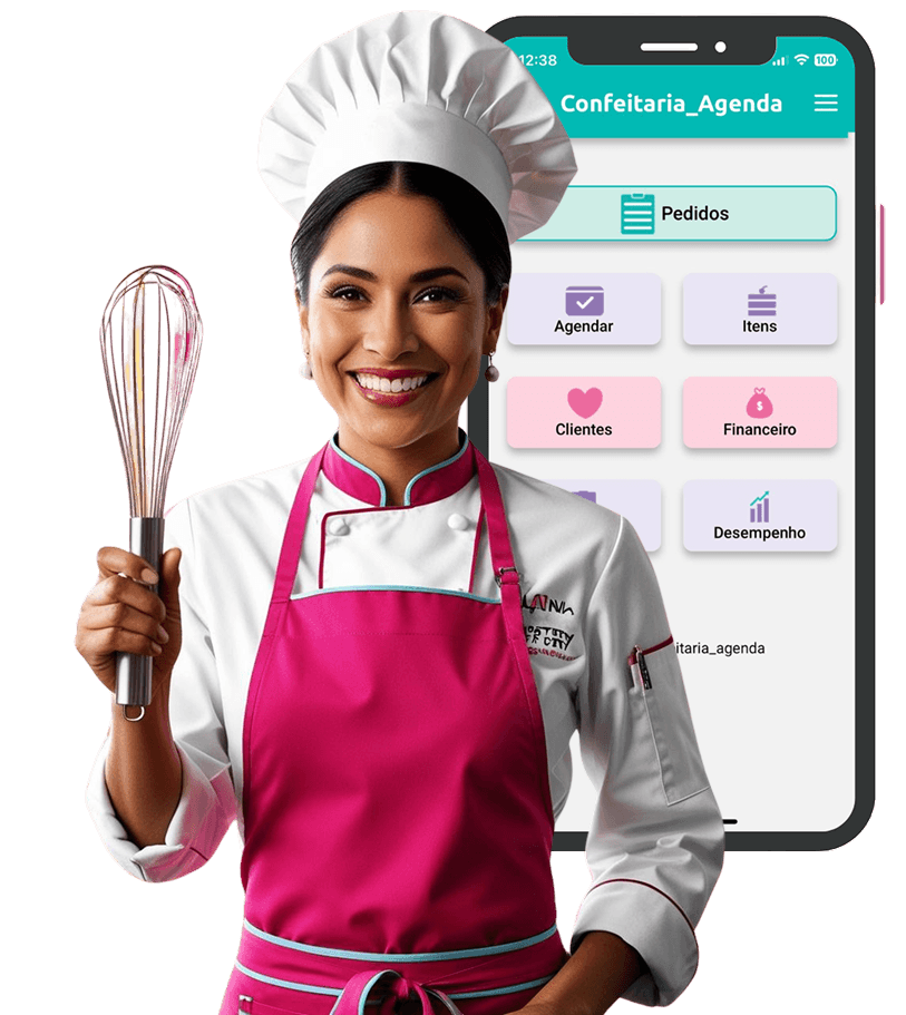 Aplicativo Confeitaria Agenda - Solução profissional para confeitarias em uso Confeiteira profissional sorrindo, com celular ao fundo lateral mostrando o app Confeitaria Agenda no celular